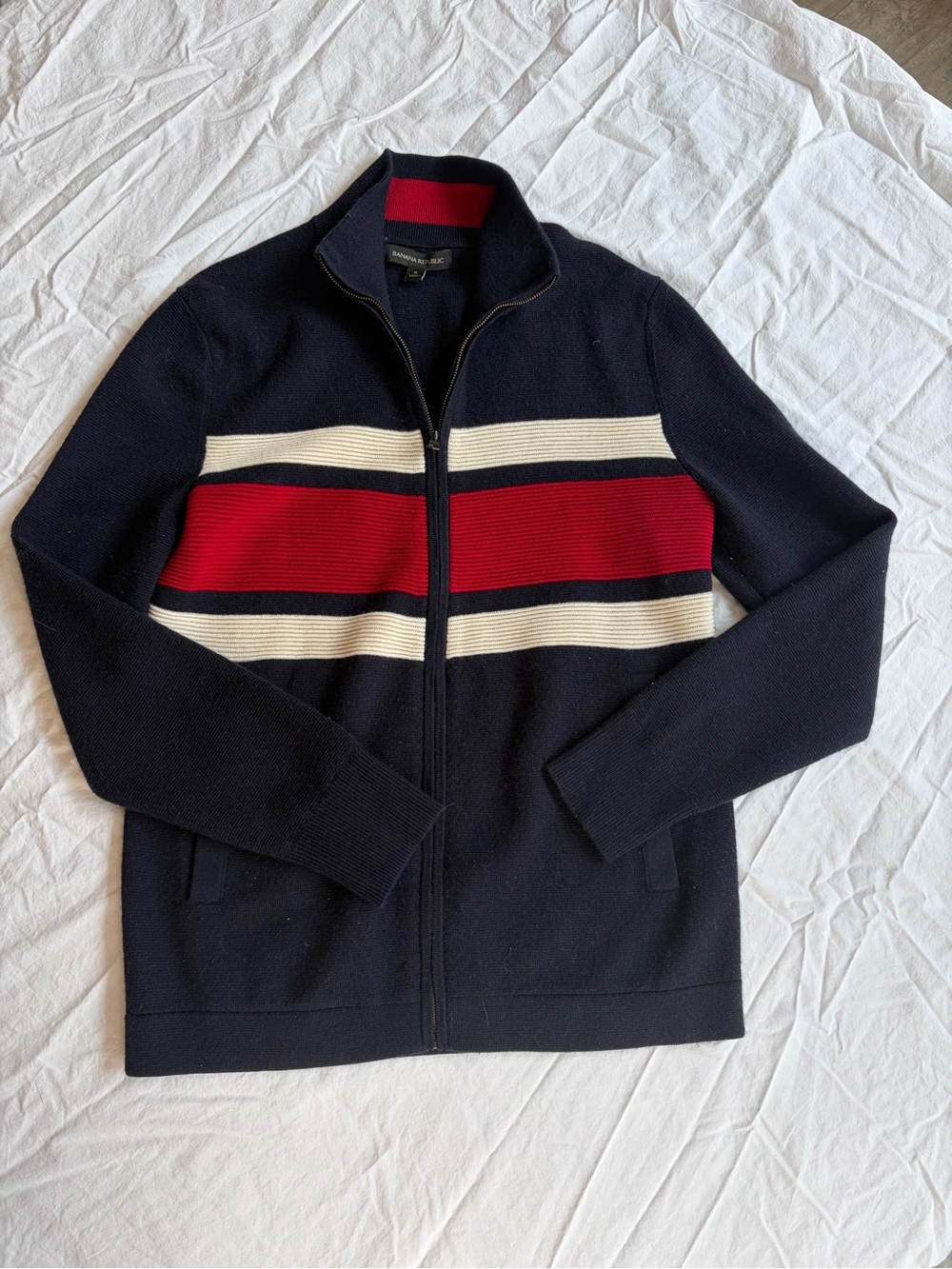 Banana Republic Navy Zip-Up Sweater with Red & Cream Stripes